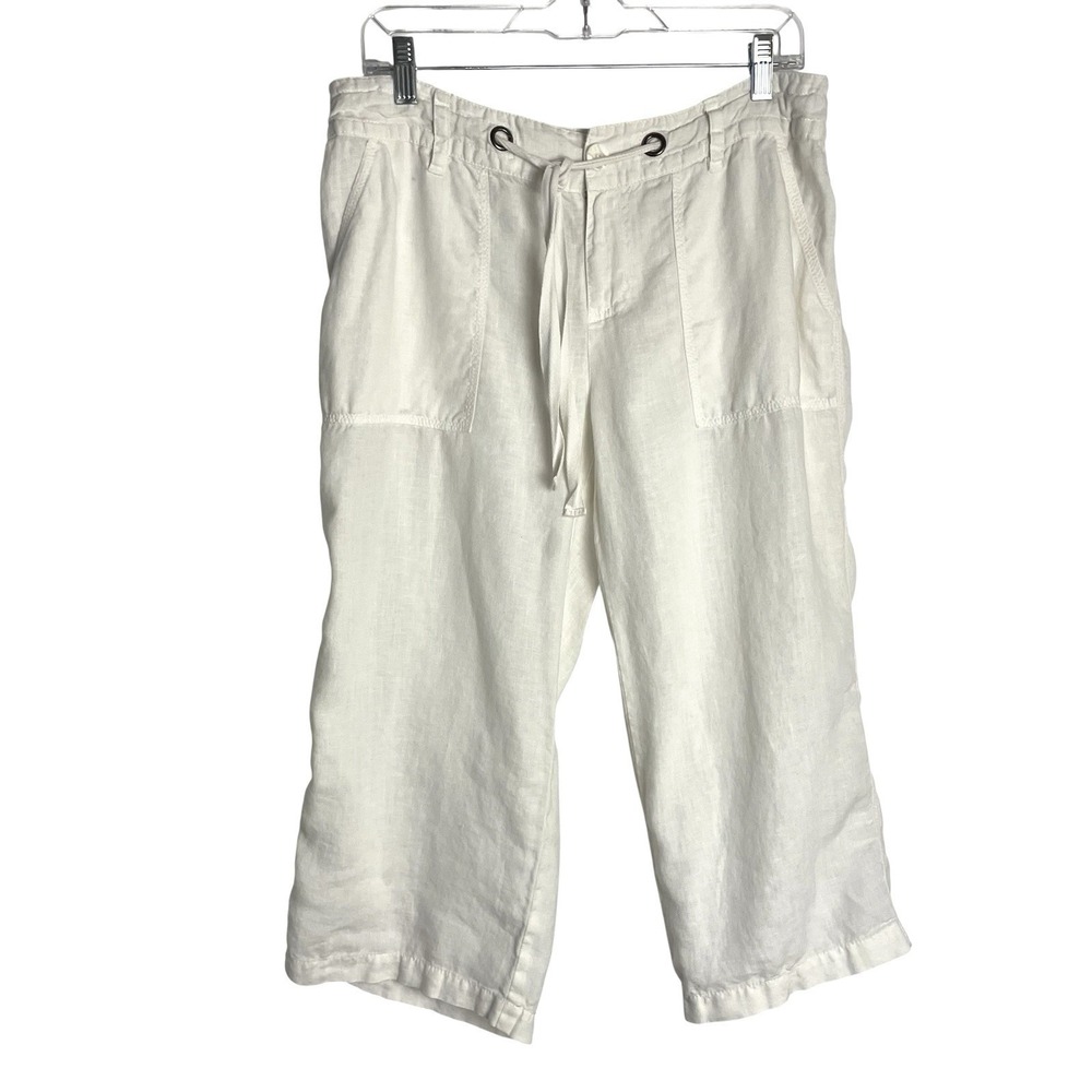 London Jean Marisa 100% Linen Wide Leg Capri Pants Size 10‎ White Drawstring